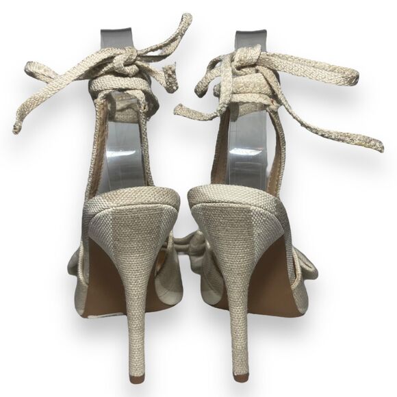ASOS Women Linen Lace Up High Heels Shoes Size US 6 UK 4 Grayish Beige Bow Front - Picture 5 of 11